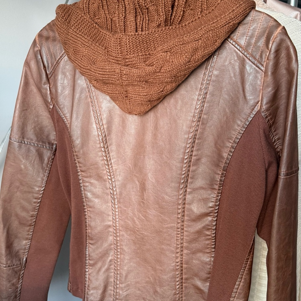Vegan Leather Jacket by Sebby!  Removable Hood. SZ M, Rust/Orange
